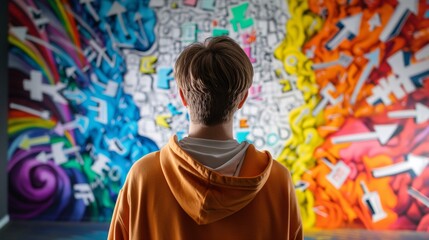 Person facing a wall with symbols of decision-making, pondering between two options.