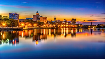 Fototapeta premium Twilight in Syracuse with warm glowing lights reflecting on a calm lake , Syracuse, dusk, evening, cityscape, urban, twilight