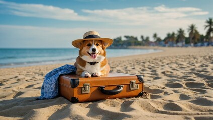 banner cute dog on vacation on the beach on vacation with a suitcase on a sunny day. concept animals, dogs, tourism, travel
