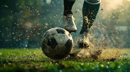 Soccer Kick: A dynamic soccer kick captured mid-strike, the player's leg extended and the ball in motion.