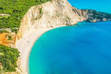 Fototapeta premium Porto Katsiki beach on the Ionian sea, Lefkada island, Greece. Beautiful views of azure sea water and nature with cliffs cave
