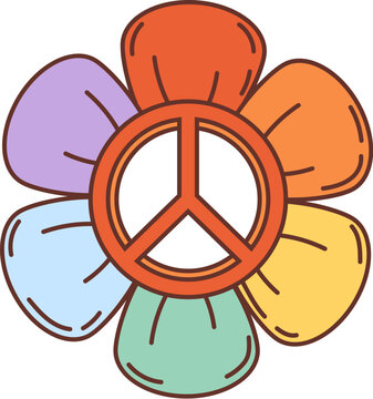 70s, 80s retro cartoon groovy flower with peace sign and rainbow petals, vector hippie daisy symbol. Hippie flower power for peace and love in groovy retro cartoon for good positive vibes and peace