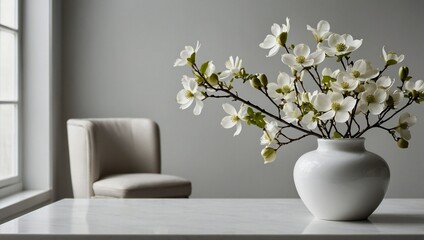 image of a vase with spring flowers standing on a table in the living room home interior with white flowers in a vase on a light background

