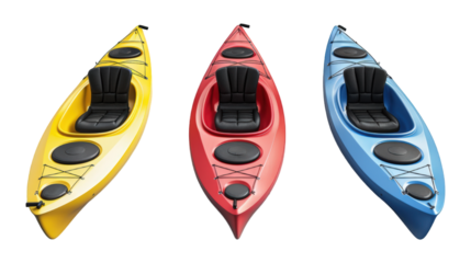 Collection Of Mixed Kayaks Yellow Red And Blue For Water Sports Ads And Marketing isolated on transparent background. Generative ai