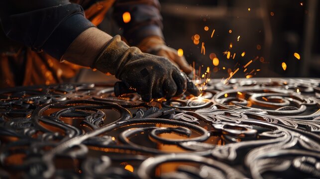 Artisan Working on Decorative Metal with Sparks Flying