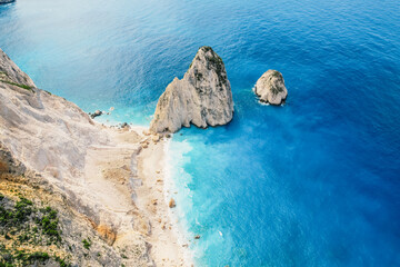 Myzithres beach near Keri Lighthouse on Zakynthos island or Zante Island, Greece. Beautiful views of azure sea water and nature with cliffs