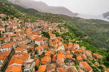 Aerial view of the town Arachova, Greece, near Parnassus mountain and Temple of Delphi.