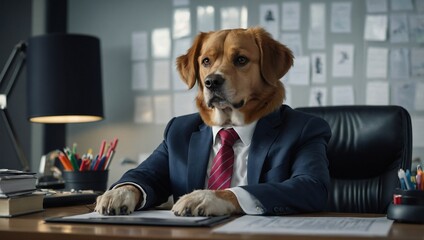 a businessman dog in a suit is working on a laptop in his office, a dog is a director or manager in the office.
