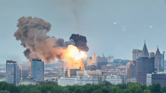 Buildings hit by missiles exploding in a city at war