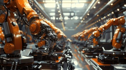 Fototapeta premium Futuristic Robotic Arms Assembling Products in an Industrial Factory