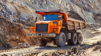 Obraz premium Orange Dump Truck Hauling Dirt in a Quarry.