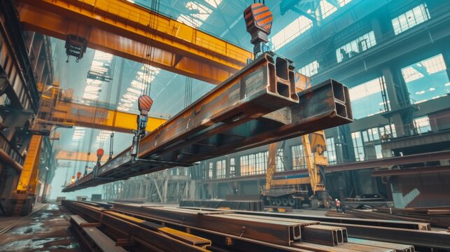 Steel Beams Being Lifted by Crane in Factory.