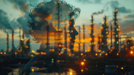 Obraz premium Double exposure of An engineer with oil refinery industry plant background, industrial instruments in the factory.