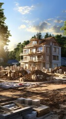 A construction site with a house in the background. The house is being built with cement blocks. The construction site is located in a rural area 