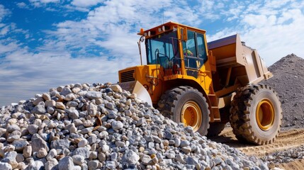 Yellow Dump Truck Loading Rocks.