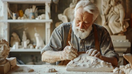 Experienced Craftsman Sculpting Intricate Wooden Art in Workshop
