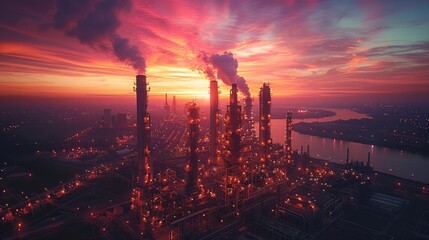 Naklejka premium Oil and gas refinery plant or petrochemical industry on sky sunset background, Manufacturing of petrochemical industrial concept.