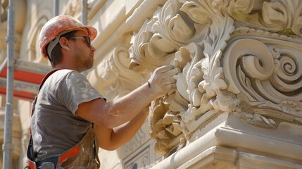 Craftsman Restoring Ornate Architectural Stonework on Historic Building