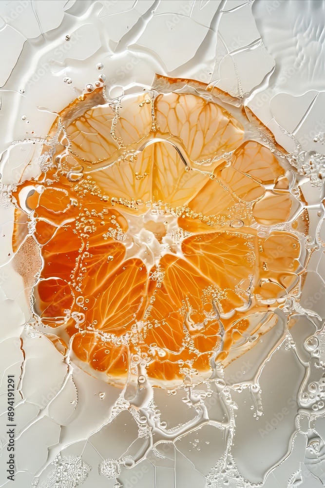Poster a closeup image of a sliced orange submerged in water with bubbles