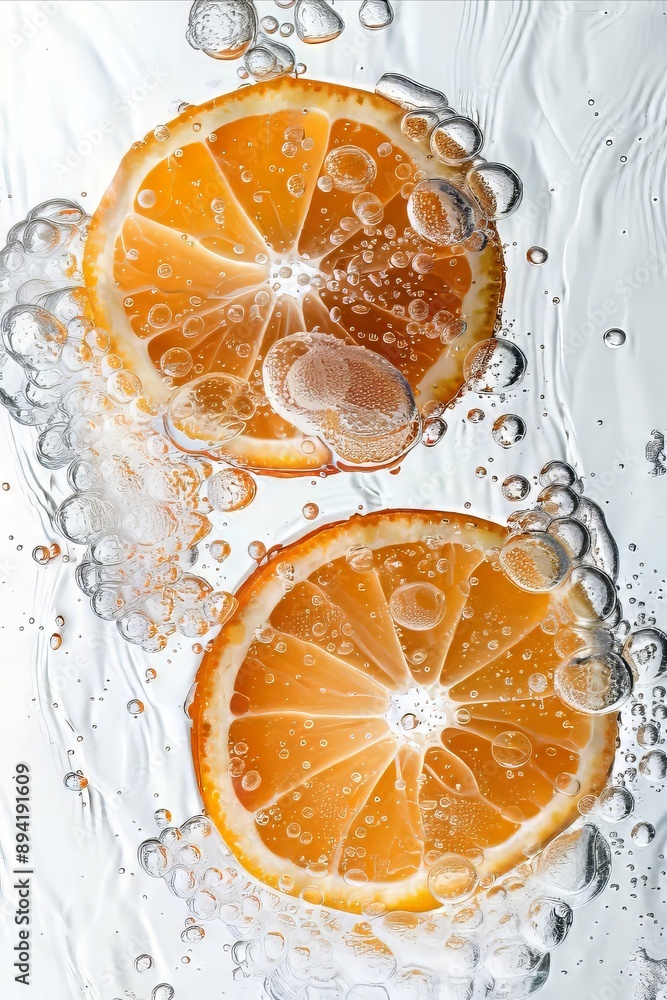 Poster orange slices submerged in sparkling water with bubbles surrounding them