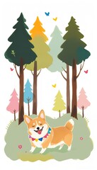 Obraz premium Welsh Corgis in Colorful Forest Fairytale watercolor-style illustrations