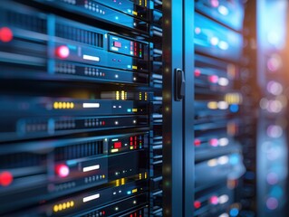 Fototapeta premium Cybersecurity Defense Arsenal: Intrusion Detection Systems in Server Room with Ethereal Blend Mode Backdrop