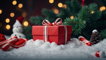 Christmas background, gift snow table, Pine cones, bokeh lights, copy space.
