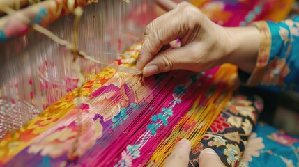 Artisan Hand Weaving Colorful Fabric on Traditional Loom