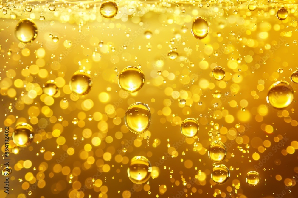 Poster golden luxury abstract background with sparkling carbonated bubbles and bokeh effect