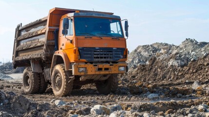 Obraz premium Dump truck driving on a rocky road.