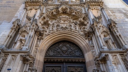 Fototapeta premium Intricate Gothic Doorway with Remarkable Stone Carvings and Statues