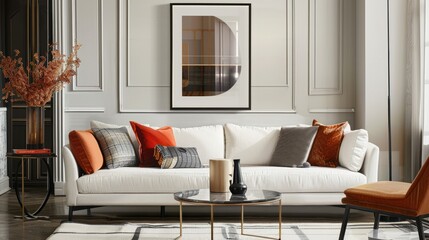 Living room design with poster frame, sofa, coffee table, vase, pillows, armchair, and accessories. Home decor. Template.
