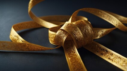 3D render: Isolated on a dark background, abstract golden rings float, reflecting in the water on the damp floor. contemporary, simple geometric ... See More
