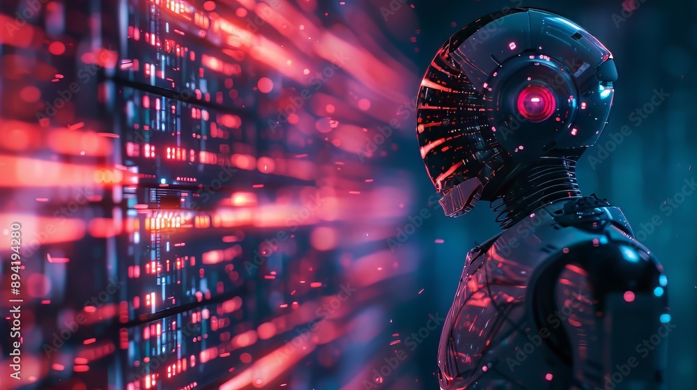 Aufkleber a futuristic robot standing in front of a server rack with glowing lights