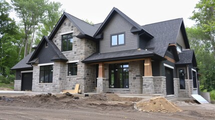 Modern Stone and Wood House Under Construction.