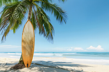 Surfboard next to palm tree on a sunny tropical beach, waves gently lapping at the shore