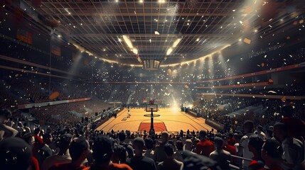 Interior view of an illuminated basketball stadium for a game. 