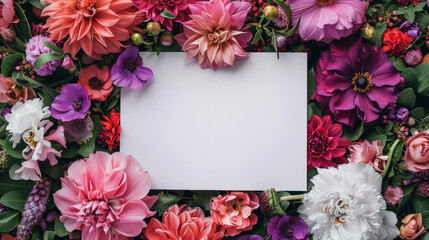 Obraz premium Floral Elegance: Lush Blooms Surrounding a Blank Canvas for Messages. Vibrant and colorful flowers frame an empty space, perfect for personalized notes.