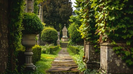 Obraz premium Tranquil Pathway Through a Green Cemetery Landscape