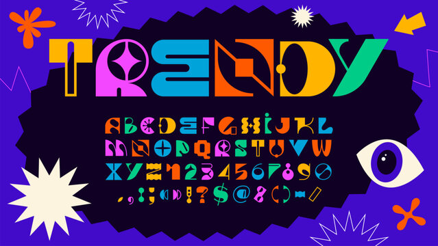 Modern brutal font or geometric Swiss type with Y2K typeface, vector English alphabet letters. Abstract brutal font or ABC typeface with Y2K Swiss style creative typography in retro brutalism script