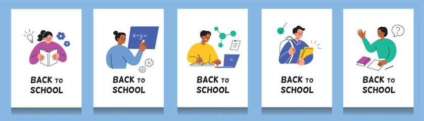 Back to school vector cards set with students and teachers. Flat cartoon style studying templates. Illustrations for education, learning. Classroom compositions with fun and playful characters