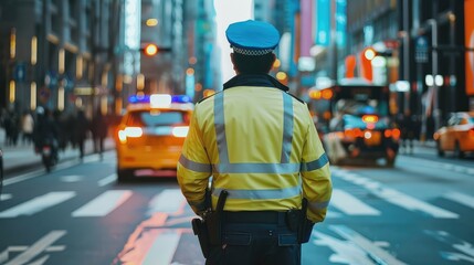 Fototapeta premium Urban Police Officer Managing City Traffic at Dusk
