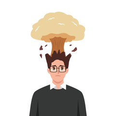 Man feels explosion in head due to brain overload. Flat vector illustration isolated on white background