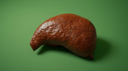 Illustrate an anatomically accurate human liver against a solid green background. The liver should be depicted with realistic textures and shading to highlight its lobes and natural appearance.