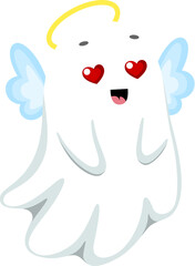 Cartoon kawaii Halloween ghost angel character. Isolated cute vector spook with white wings, halo, heart-shaped eyes and endearing smile, radiating gentle and loving aura of innocence and sweetness