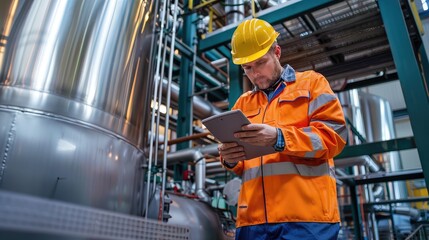 Fototapeta premium Industrial Worker Using Tablet in Manufacturing Plant