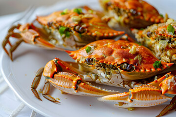 Elegant presentation of stuffed blue crabs on a white plate, showcasing vibrant colors and textures