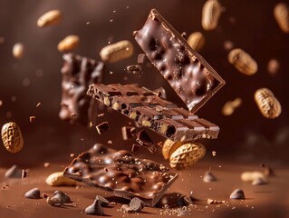 Chocolate bar wafer falling with choc flake in the air isolated on background, peanut crispy snack, dessert sweet concept - ai