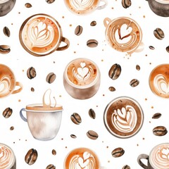 Watercolor coffee shops seamless repeating pattern, minimal pattern, high contrasty 