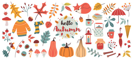 Hand drawn autumn set in trendy design. Bright cute illustrations in flat style. Leaves, pumpkins, clothes, umbrellas, candle lantern, fox, etc.
